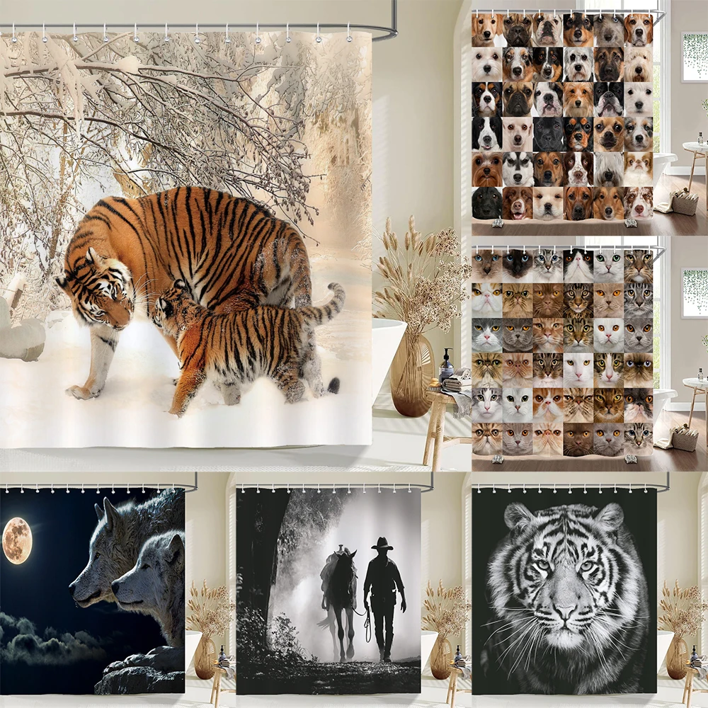 

Tiger Shower Curtains Waterproof Fabric 3d Bathroom Curtains Animals With Hooks Decoration Large Size 240X180cm Bath Screen