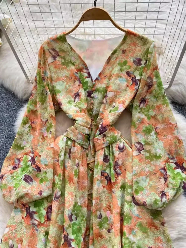 Vintage fleur automne robes femmes tempérament à volants Robe Femme 2025 robes De Mujer tunique a-ligne lanterne manches Maxi Robe