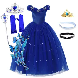 Deluxe Sapphire Mesh Ball Gown Toddler Girls Off Shoulder Elegant Cinderella Party Vestidos Cosplay Costume Girls Princess Dress