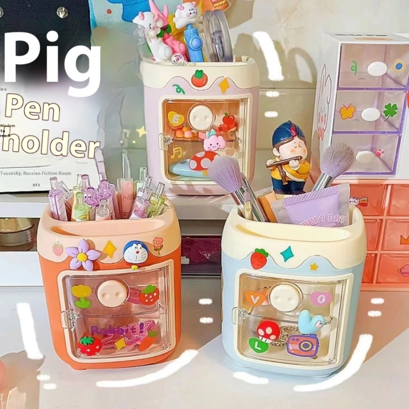 4pcs Sanrio Creative Cartoon Square Piggy Pen Holder For Students To Love Multi Functional Checkered Desktop Storage Stationery