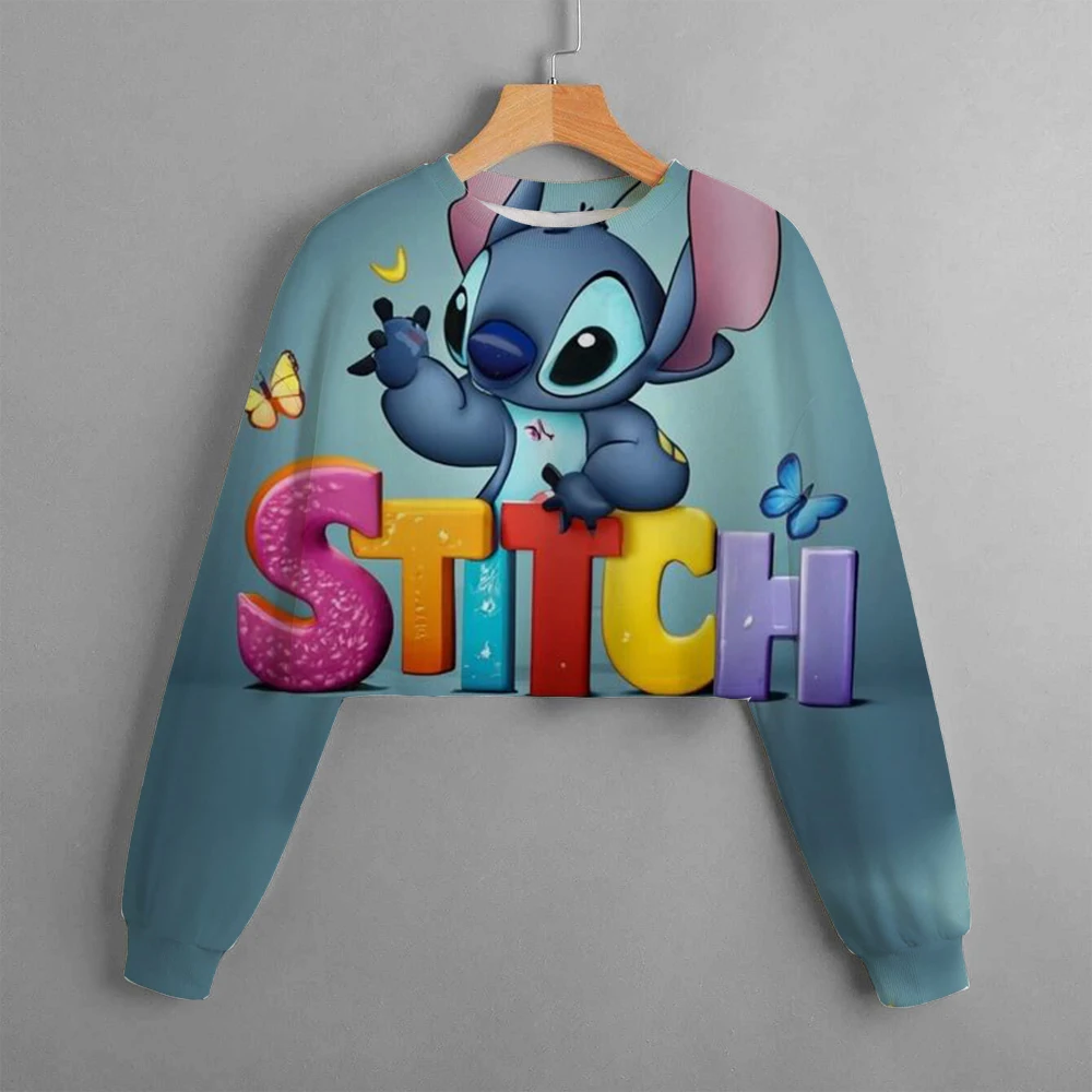 Girls Hoodie Casual Cartoon Anime Fun Print Children's Top Spring 2024 Disney Lilo&Stitch Girls' Short Round Neck Sweater