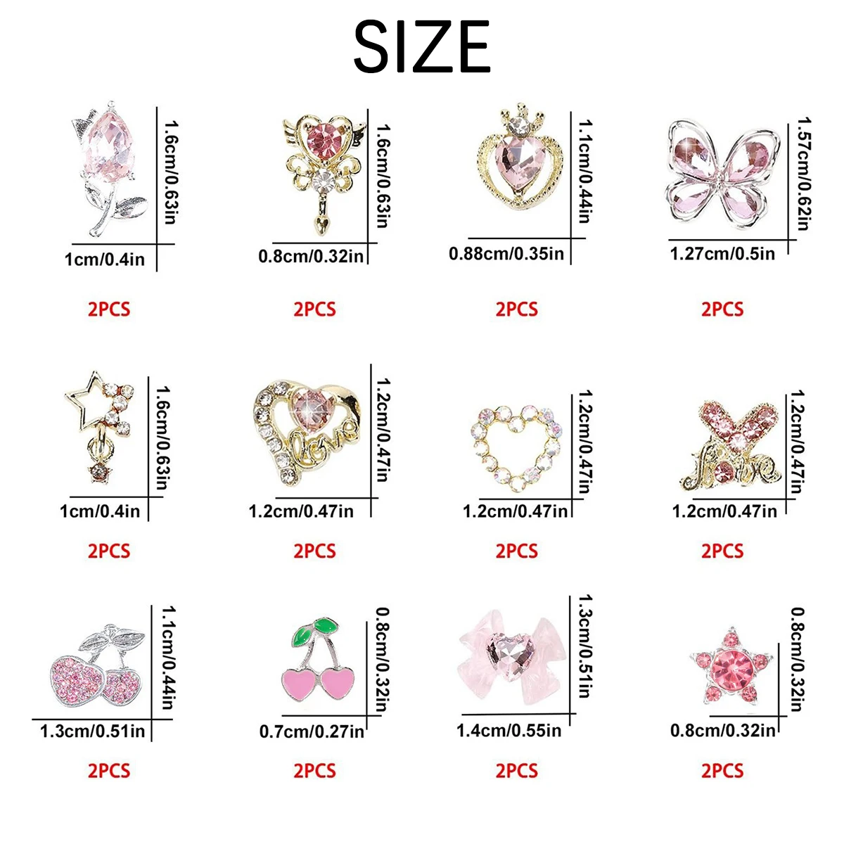 Peças da arte do prego 24 conjuntos 3d arte do prego rosa decoração peças de metal jóias diy artesanal casos do telefone móvel, roupas sapatos sacos