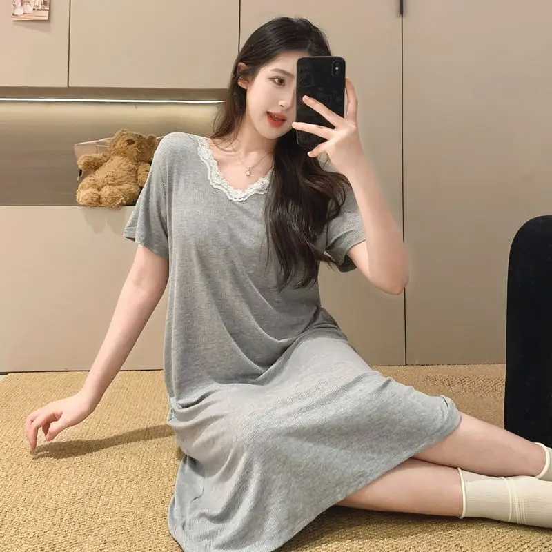 

Hot Summer Short Sleeve Sexy V-neck Modal Lingerie Nightgowns for Women Korean Cute Sleepwear Night Dress Nightdress Home Nighty