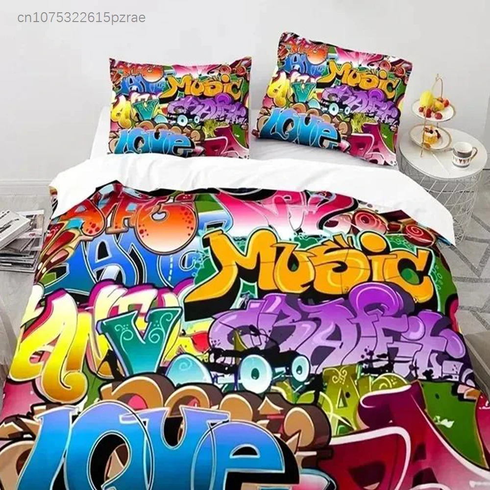 Top Graffiti Hip Hop Modern Street Art Bedding Set Boys Girls Twin Queen Size Duvet Cover Pillowcase Bed For Kids Adult Bedding