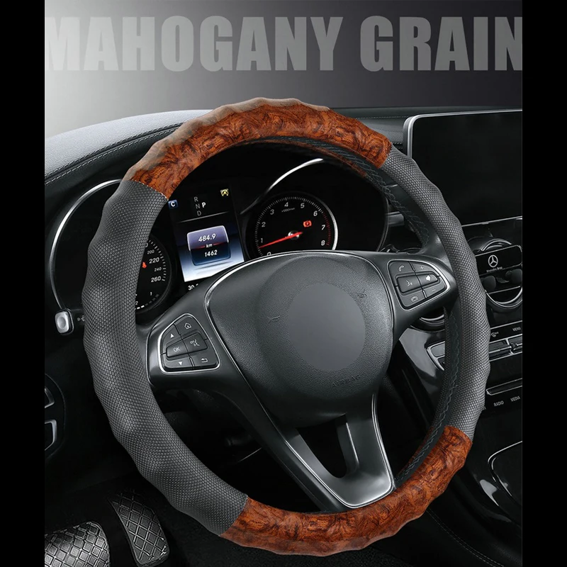 자동차 트럭 버스 밴 화물차 무거운 자동차 핸들 커버, 38 40 42 45 47 50 cm 스티어링 휠 브레이드, 미끄럼 방지 마호가니 그레인