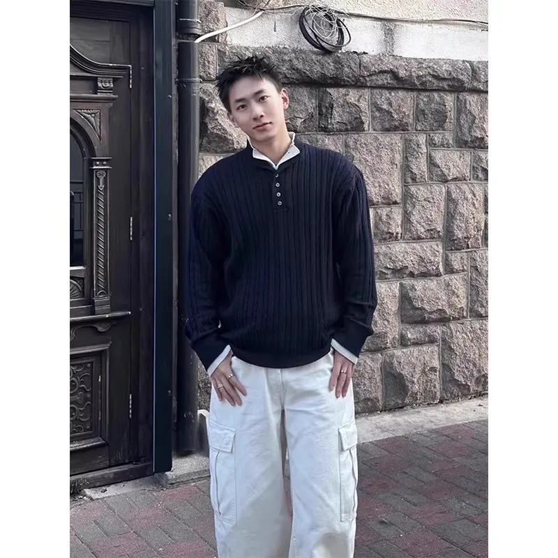 

Thiened Henley Ne Twist вязаный свитер, мужской осенне-зимний теплый базовый слой, верхняя одежда, повседневный свободный крой, длинный топ све