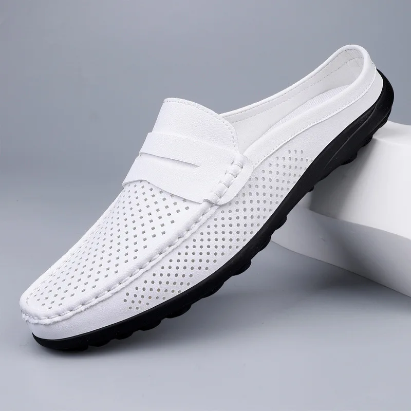 

Large size half-drag casual hollow dad leather Doudou shoes men's driving breathable half-drag
