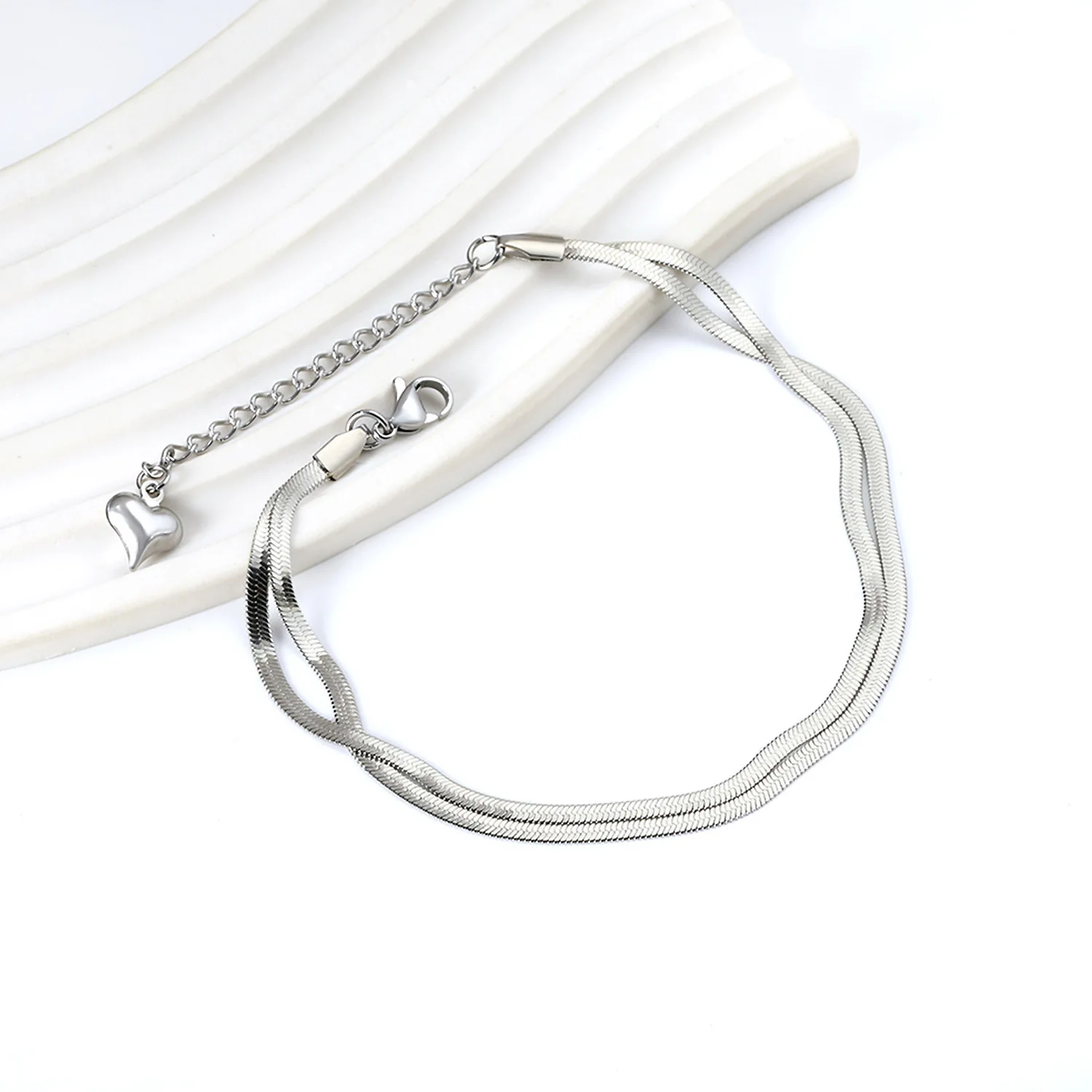 Mit Geschenkbox Doppellagiges Schlangen-Fischgrät-Ketten-Fußkettchen für Frauen Edelstahl Gold Silber Farbe Minimalistischer Fußschmuck – Detail 4