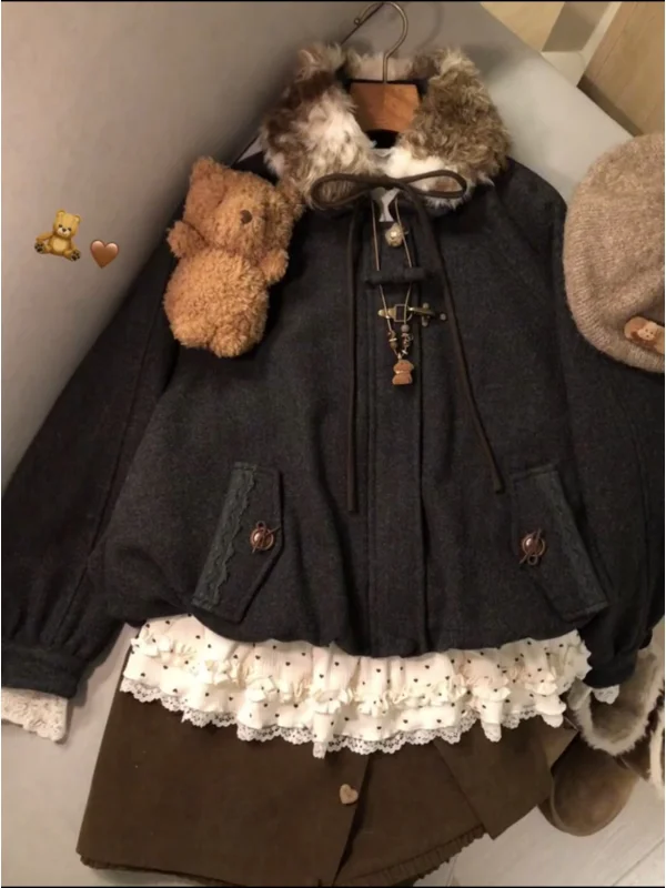 

Autumn Winter Thiened Woolen Coat ort Sle Retro Deep ey Flap Collar Layering Women's Faion Warm Busin Commute