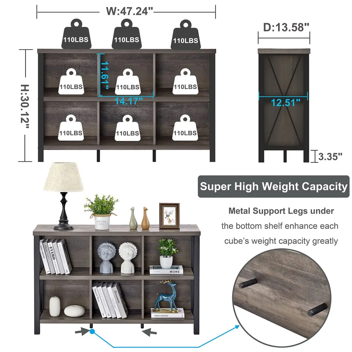 Cube Storage Organizer Bookshelf 47 Inch Horizontal Wood & Metal Bookcase Living Room Home Office, Customized