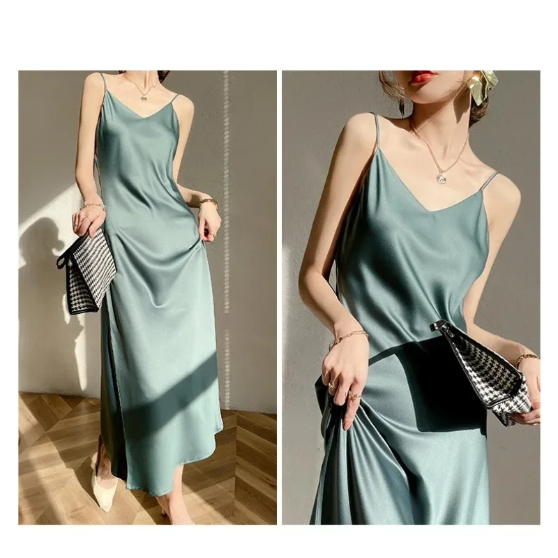 2024 Spring Summer New Halter Dress French Satin Acetate Sex Y Women\'s Mid-length with A Solid Color Base Skirt