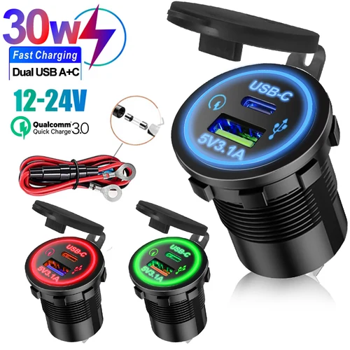 USB-C USB Dual carga rápida tipo c enchufe 12V a 5V 12-24V cargador motocicleta conector Dual adaptador de cargador toma de corriente