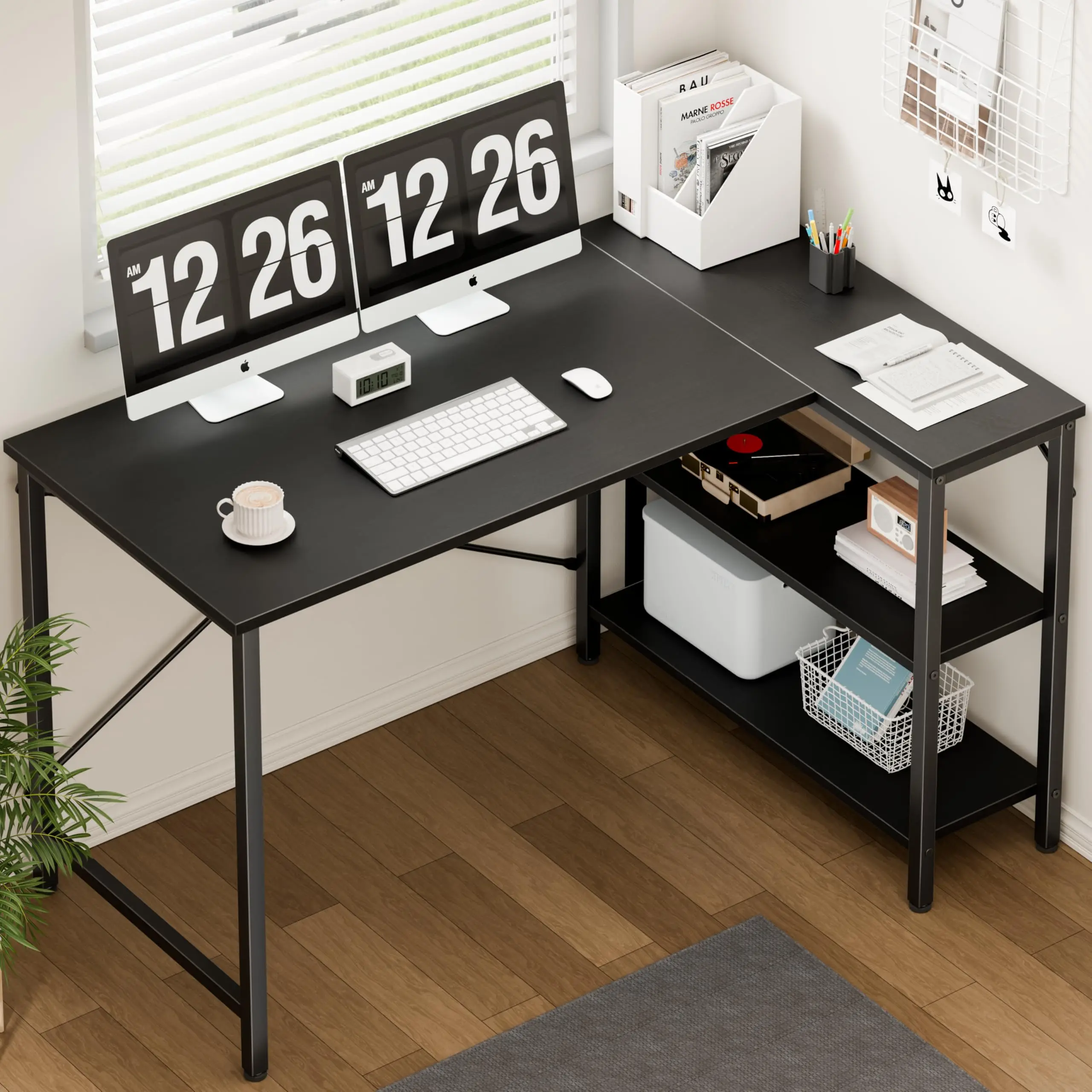 Shaped Desk 47 Inch Computer Desk Gaming Furniture Corner Desks Home Office PC Table with Reversible Storage Shelves