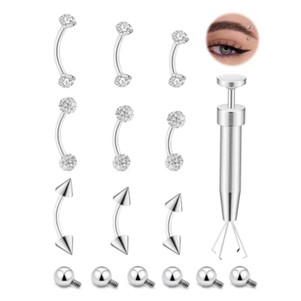 24Pcs 16G Curved Barbell Eyebrow Piercing Jewelry Set 6/8/10mm Surgical Steel CZ Ball Spike Studs with Piercing Holding Tool