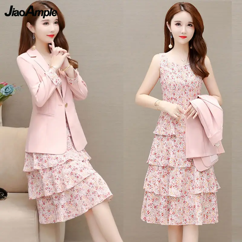 Women\'s Spring Autumn Elegant Professional Wear 2022 New Casual Suit Coat Dress 2 Piece Female Vintage Blazers Floral Midi Skirt