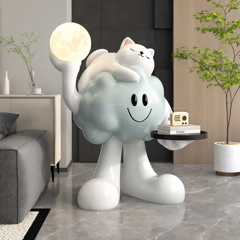 Home Decor Sculptures Figurines Decoration Accessories Creative Cloud Cat Floor Lamp Ornaments Living Room Resin Animal Statues