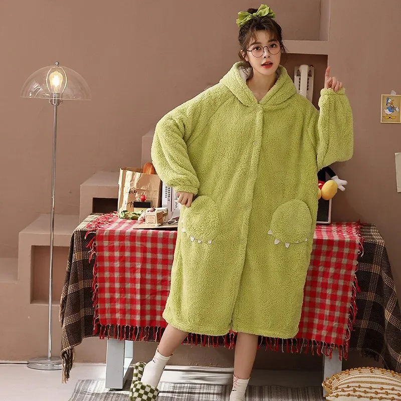 Kawaii High Quality Girl Plush Cartoon Pajamas winter Women\'s Flannel Pajamas Thickened Padded Night Robe Homewear Set pijama