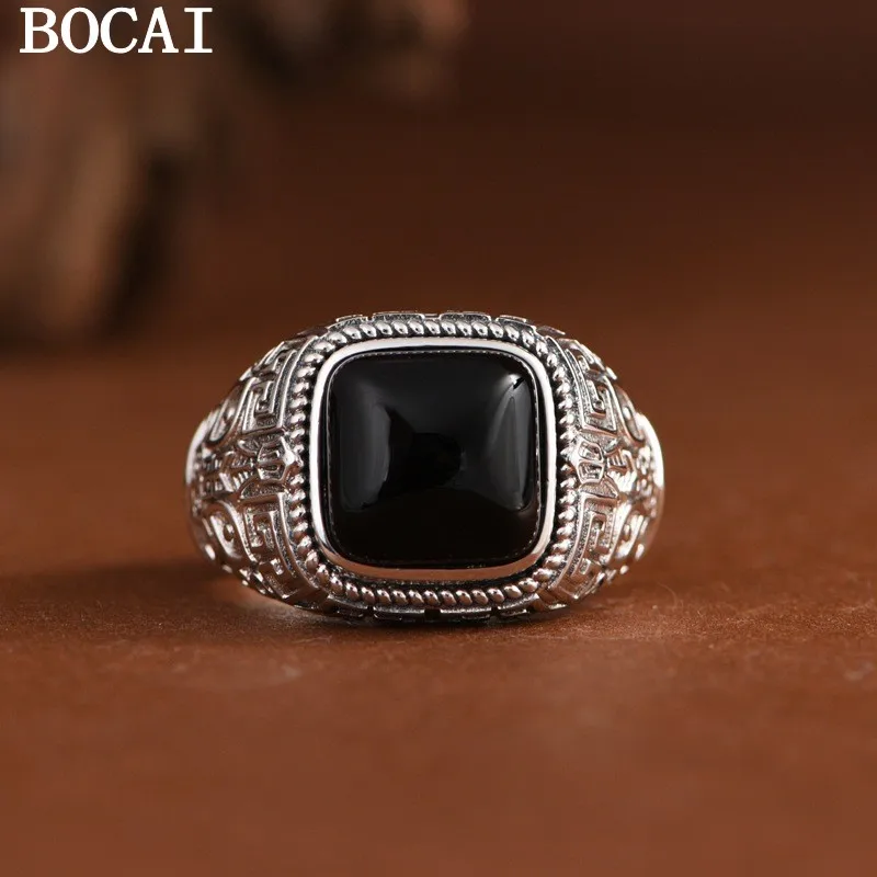 

BOCAI NEW S925 Pure Silver Retro Personality Big Money Gluttonous Pattern Inlaid With Black Agate Open Ring Men's Style