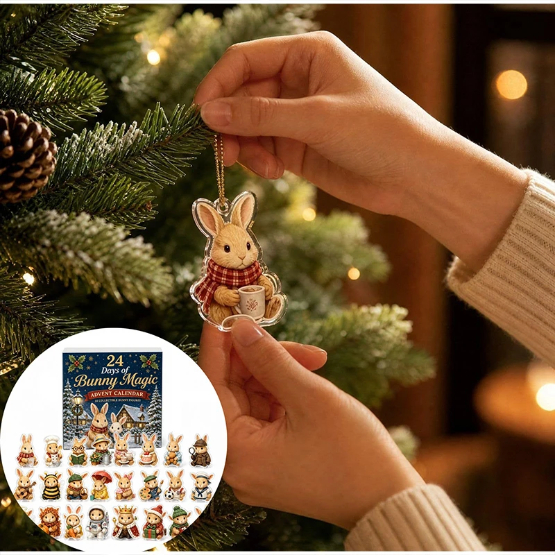 Weihnachts-Adventskalender mit Hasenmotiv, 24 Tage, 2D-Acryl-Ornament, Countdown, niedlicher Hasenanhänger, festliche Weihnachtsdekoration, Überraschungsgeschenk – Detail 4