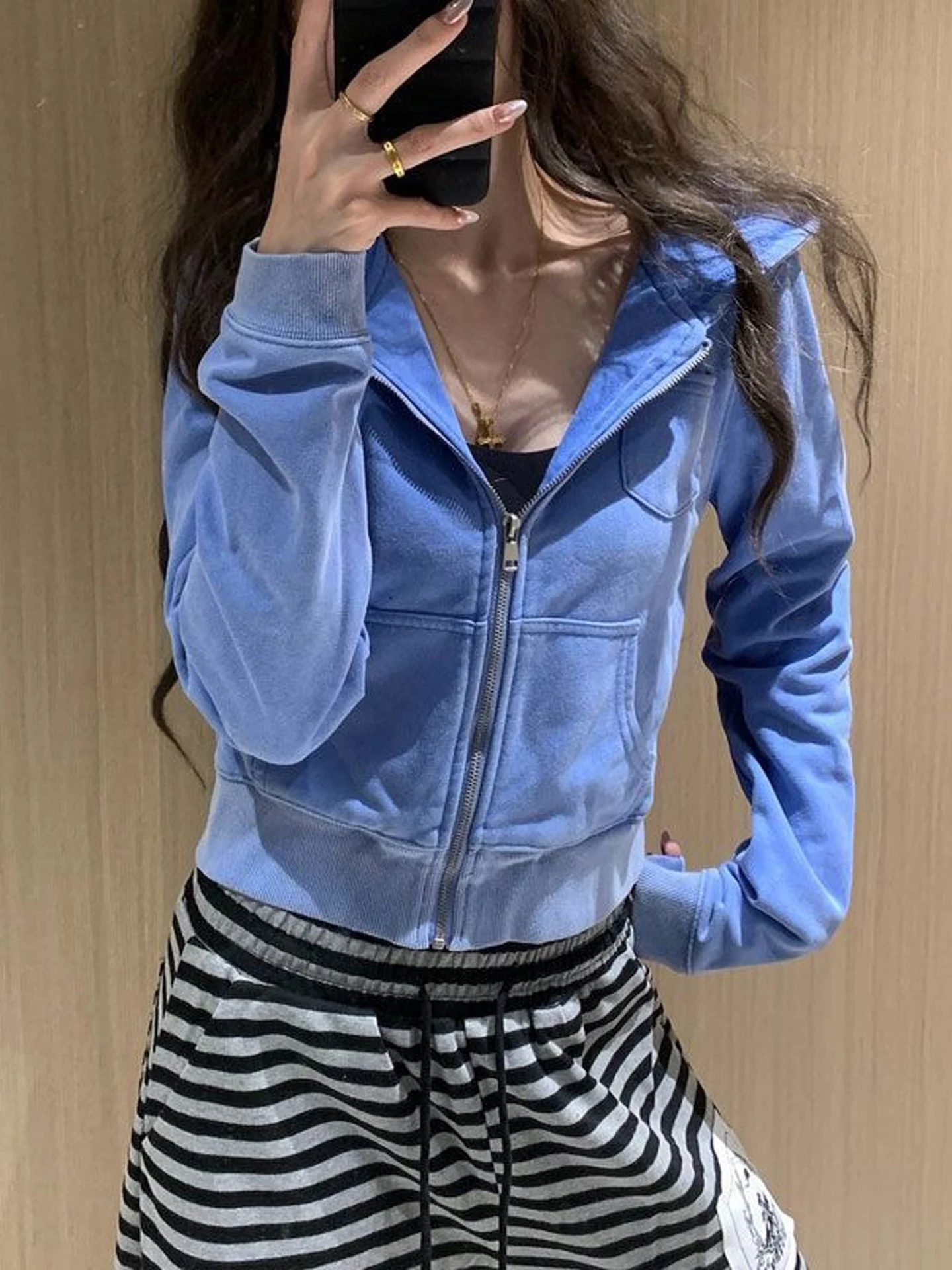 Retro Spicy Girl High Waist Short Loose Coat Women's Fashionable Top with Hood American Style Loose Fit Ladies Jacket