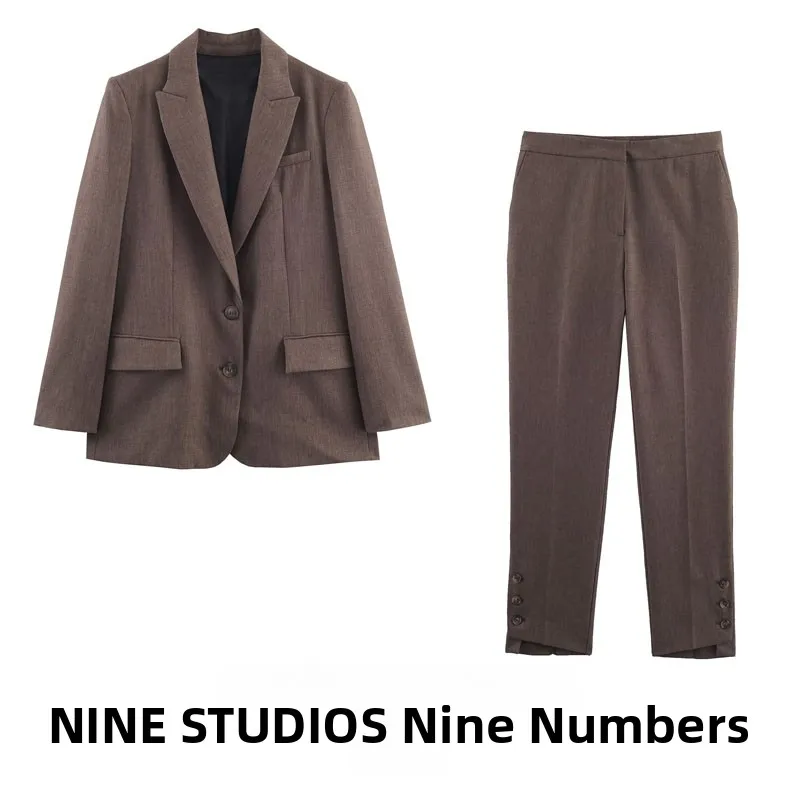 Ele damespakset met knopen van ba en manchetten, lange Sve, normale broek, Europese Sle Faion herfstcollectie