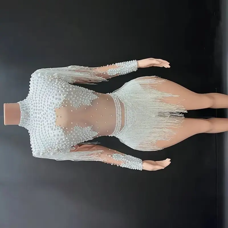 

Special Occassion Showgirl Stage Costumes Dancer Dress Women Stretchy Long Sleeve Turtleneck Pearls Studded Tassle Bodysuits
