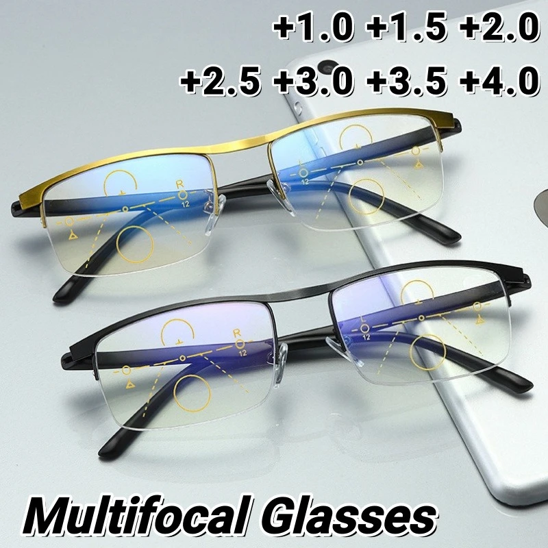Dual-purpose for Both Near and Far Intelligent Multifocal Ultra-light Anti-blue Light Reading Glasses Business Metal Half-frame