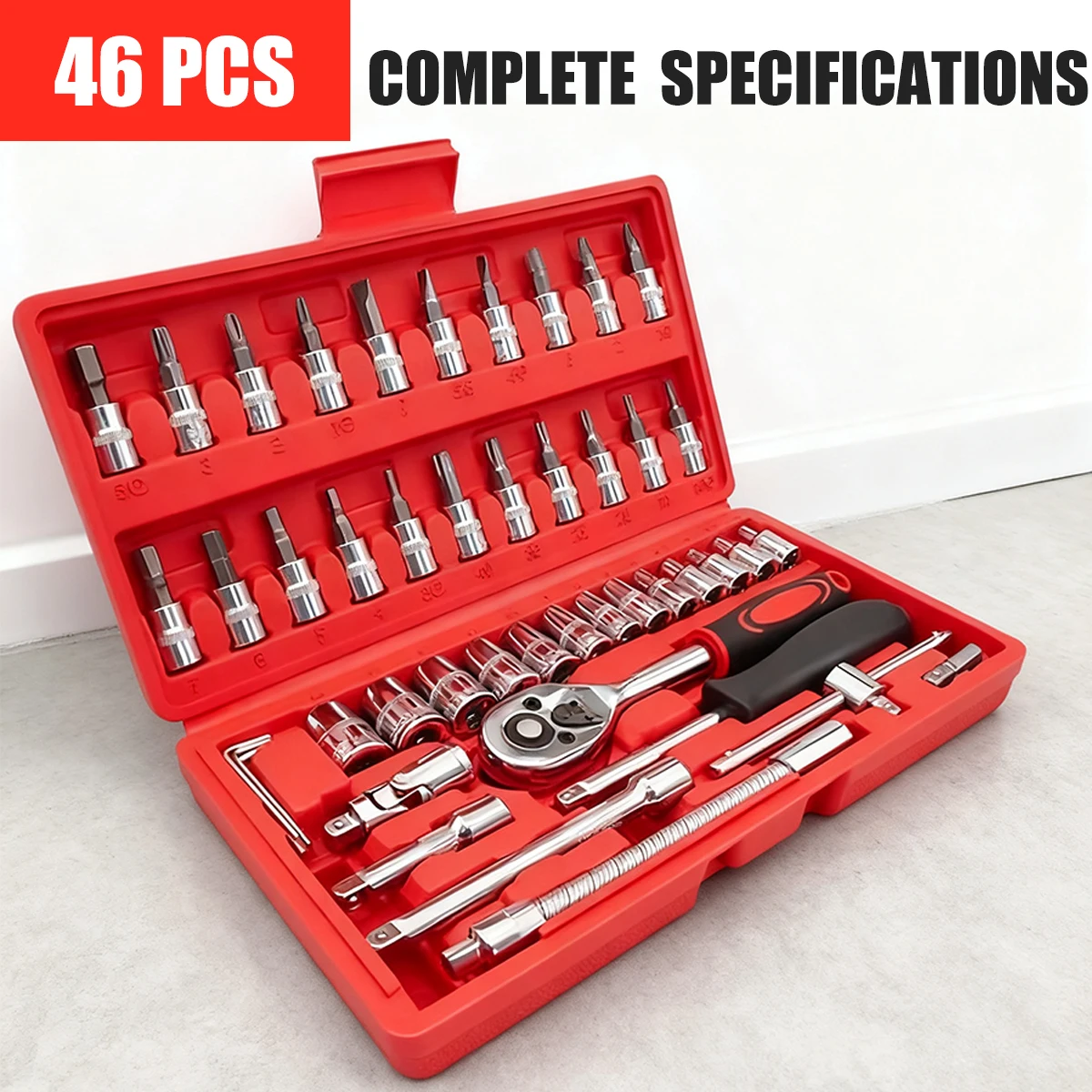 

Высококачественный набор из 46 предметов: набор механических ключей с трещоткой-адаптером и портативной упаковкой в штучной упаковке