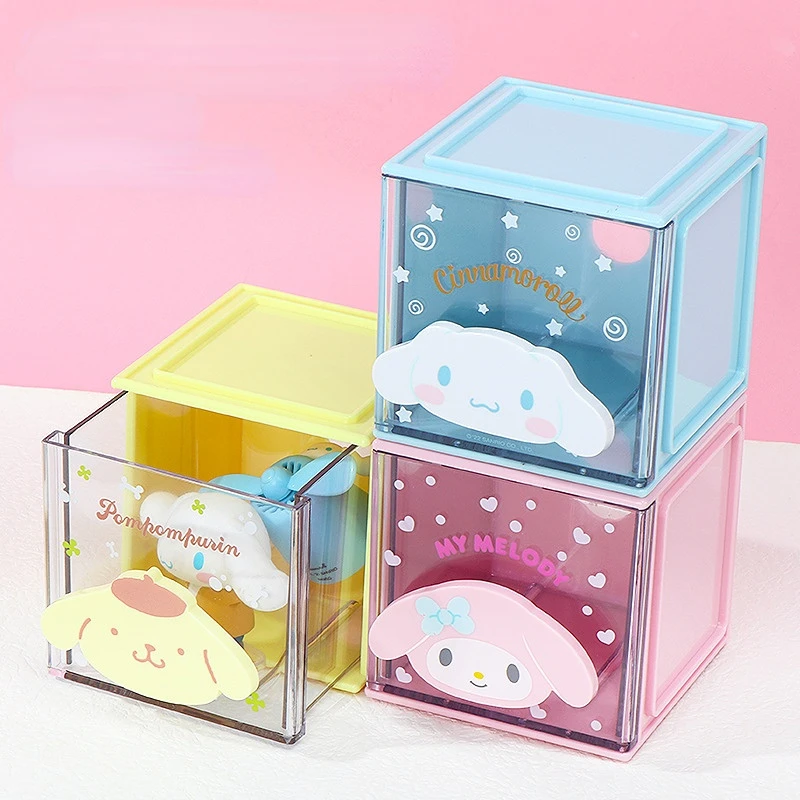 Genuíno sanrio cinnamoroll mymelody kuromi pompom purin cubo caixa de armazenamento caixa de armazenamento gaveta de mesa presente