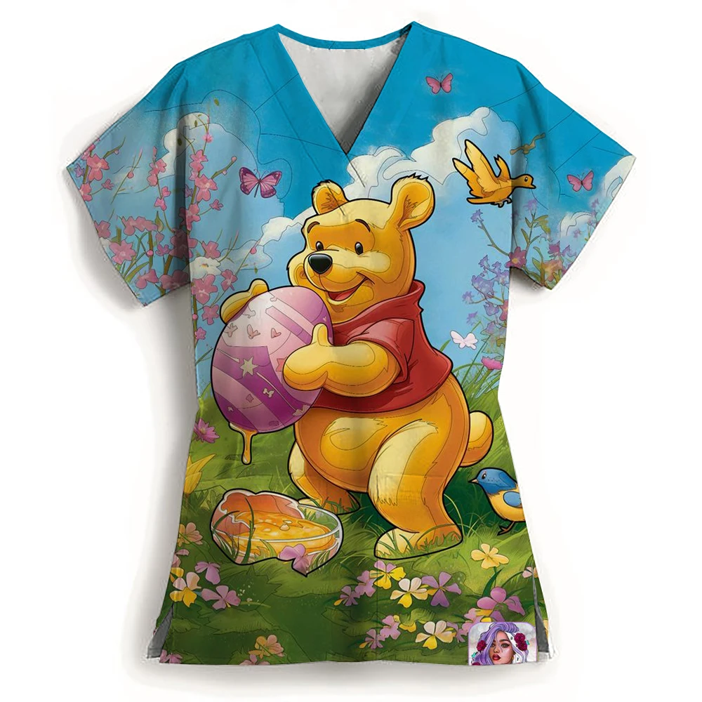 Ladies Nurse Uniform V-neck Workwear Disney Winnie the Pooh Working Uniform Woman Casual Medical Clinic Nursing Blouse Shirts