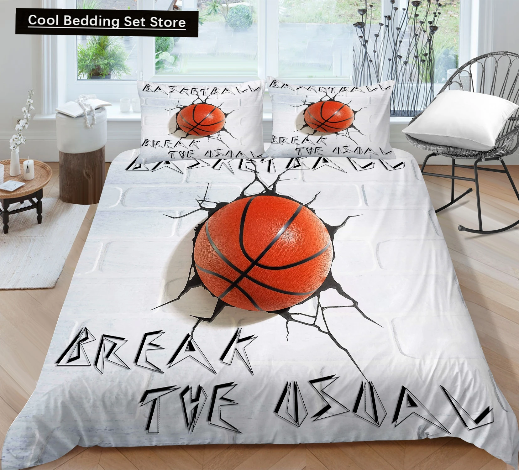 

3D Basketball King Queen Duvet Cover Sports Theme Bedding Set for Kids Teens Boys Ball Game Bedroom Decor Soft Comforter Cover