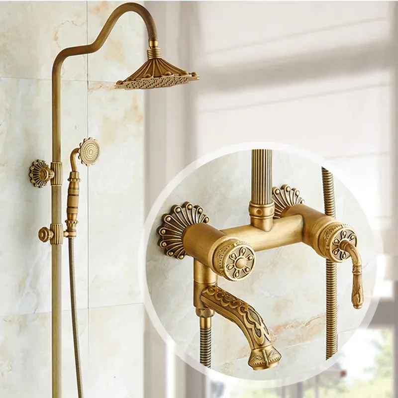 Imagem -06 - Antique Brass Bath Shower System Grupo Torneira do Banheiro Chuva com Cabeça de Pulverização Europa Bronze Torneira Misturadora