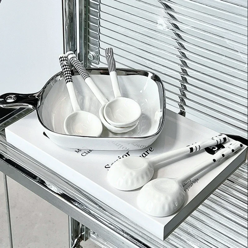 5pcs Ceramic Soup Spoons Simple Japanese Household Long Handle Round Head Scoop Porridge Spoon Set Gift Box Children Tableware