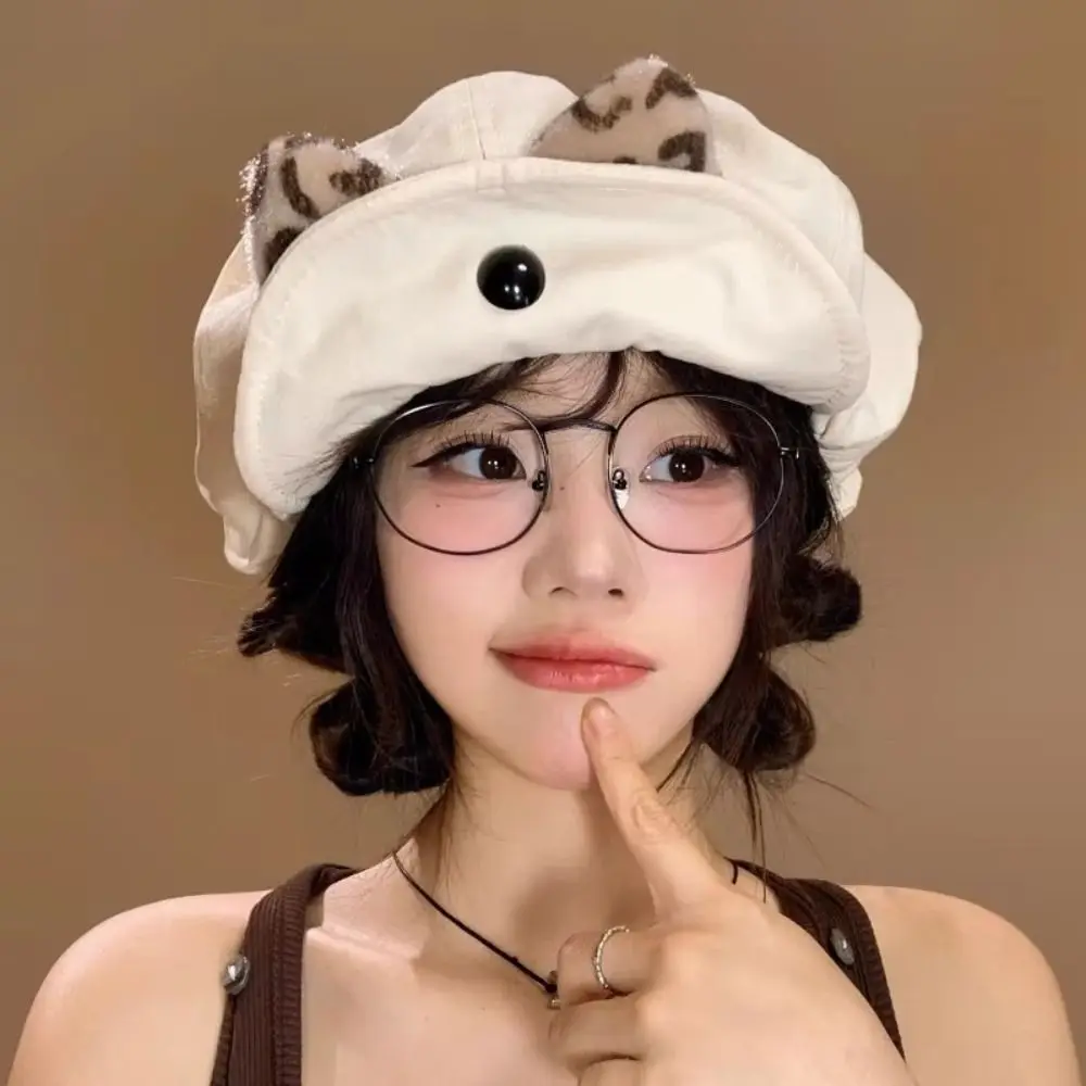 

Fashion Vintage Cat Ears Beret Y2k Flipped Brim Painter Berets Versatile Leopard Beanie Cap Summer and Autumn