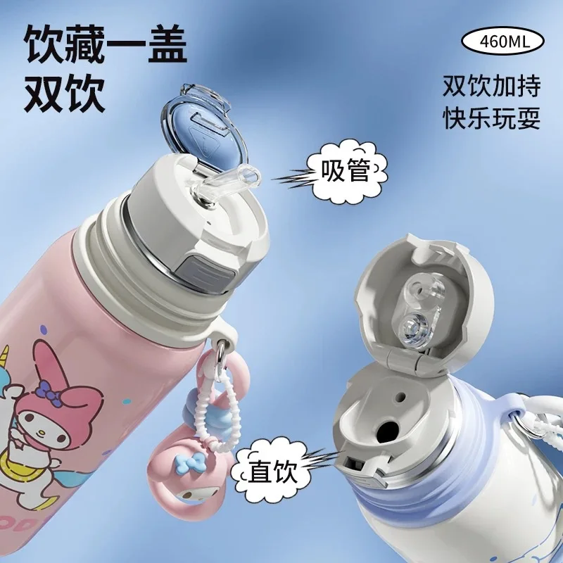 460ML Sanrio Cinnamoroll Kuromi Cartoon Stainless Steel Thermo Water Bottle With Straw Keeps Cold and Heat Thermal Mug Gifts