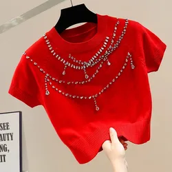 Red Knitted Shirt T-Shirt Summer Heavy Industry Nail Drill Round Neck Short-Sleeved Pullover Korean Fashion Slim-Fit Top Women