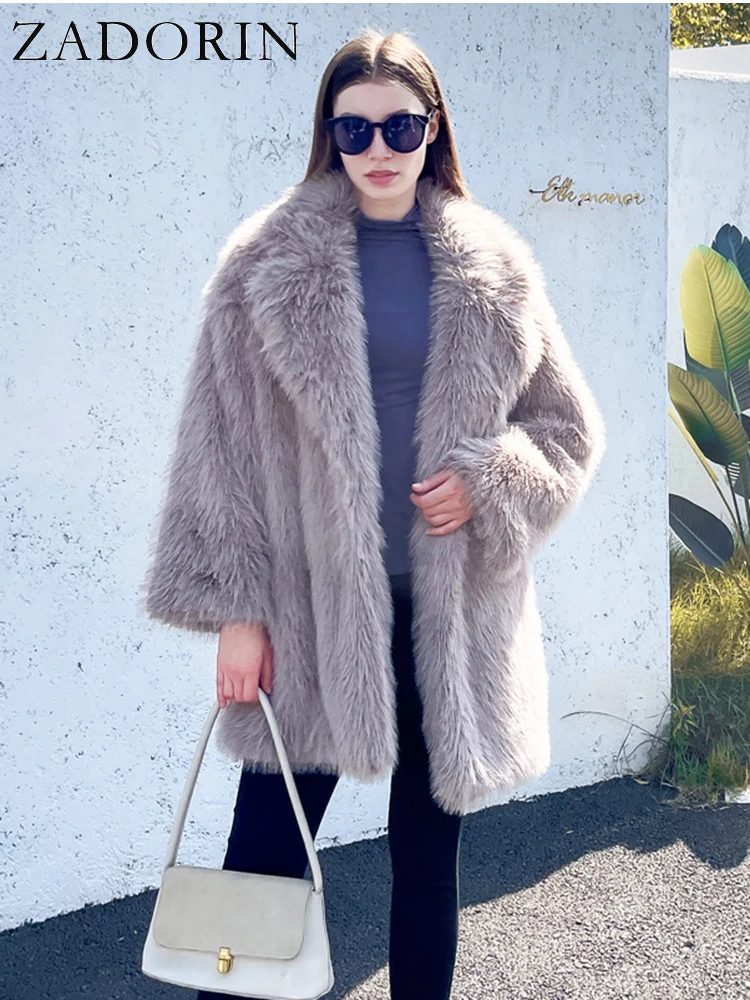 

ZADORIN 2024 Winter Loose Faux Fur Jacket Women Furry Warm Lapel Mid Long Faux Fur Coat Luxury Fur Jackets for Women Coats Tops