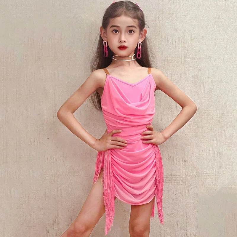 어린이 라틴 댄스 홀터 드레스 소녀 의상 차차 삼바 룸바 대회용 태슬 스커트 키즈 무대 공연 댄스웨어