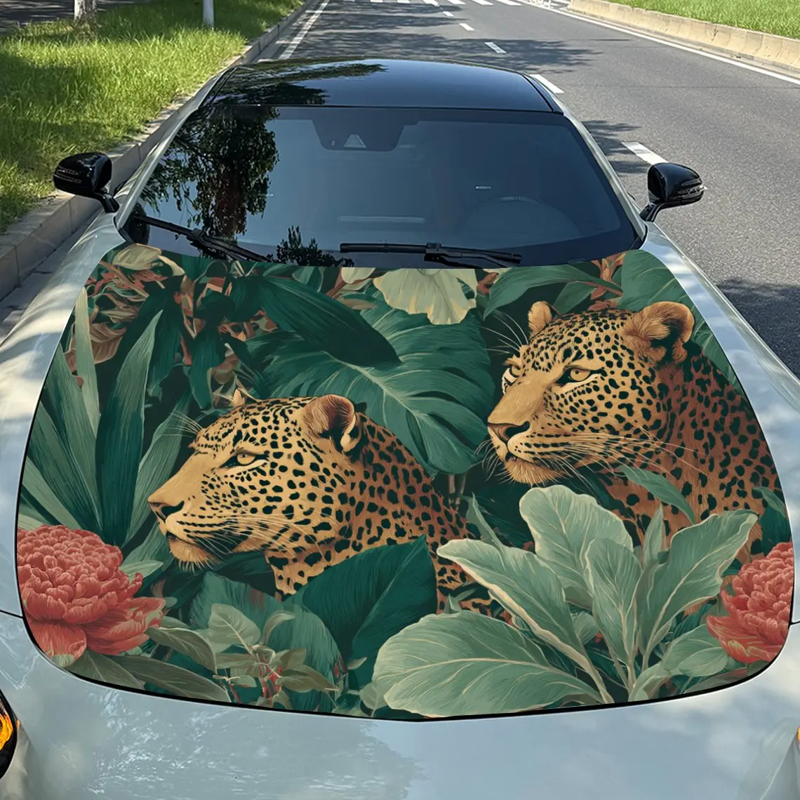 

Car Decals Leopards in Tropical Foliage Design, featuring leopards amid lush green leaves and flowers Car Hood Sticker, Waterpro