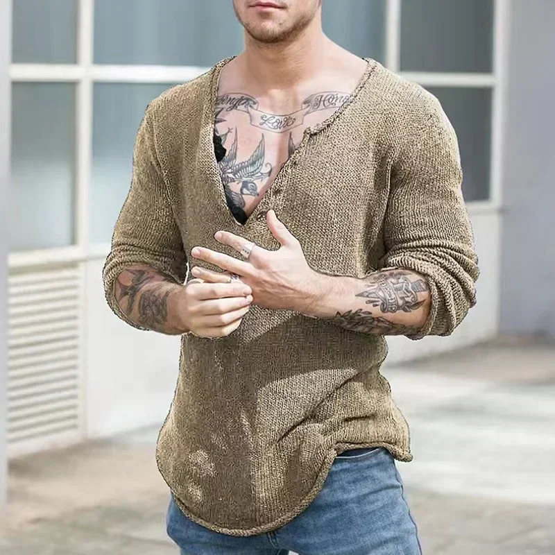 

Мужская уличная одежда с v-образным вырезом, однотонные базовые топы, повседневные свободные мужские пуловеры на весну и осень, простой облегающий тонкий свитер с длинными рукавами