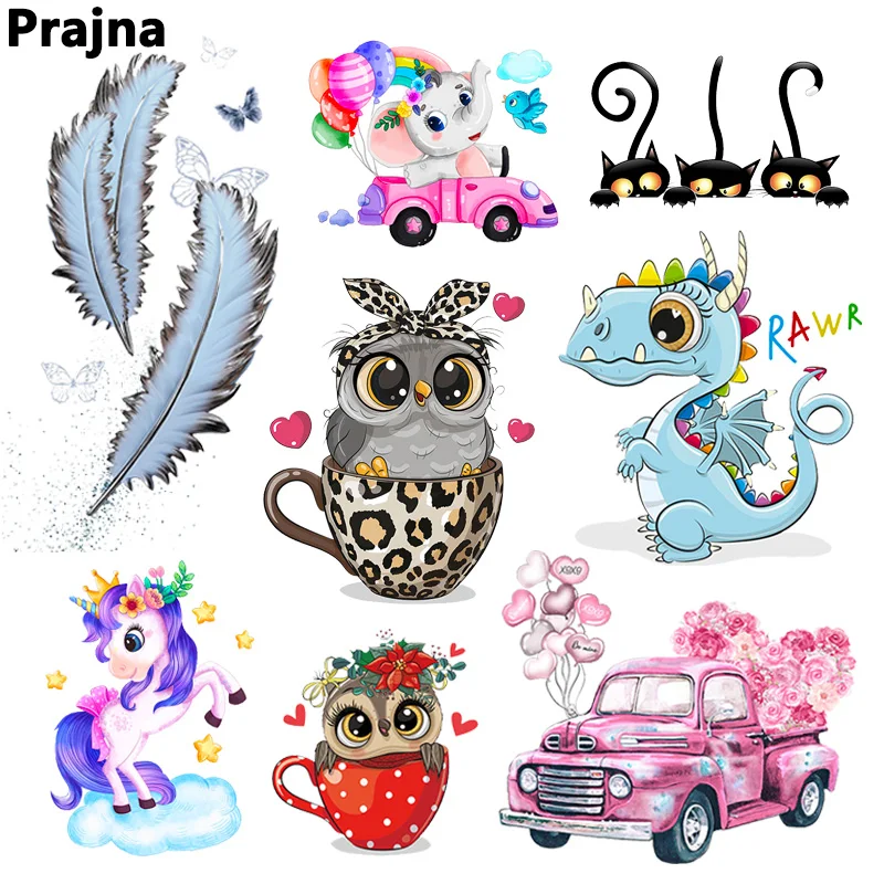 Animal Owl Iron-On Transfers Patches For Clothing T-Shirts DIY Unicorn Cat Dinosaur Heat Transfer Cartoon Car Thermal Stickers