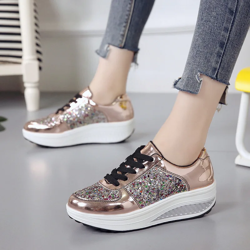 2026 Women's Fashion Sneakers Lace-up Platform Wedges Sequined Decorative Walking Rock Shoes Comfortable Sport Jogging Tennis