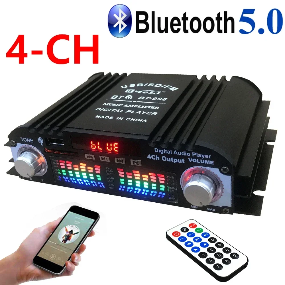 블루투스 앰프 HIFI 4 채널 디지털 오디오 사운드 앰프 FM 라디오 MP3 지지대 USB SD RCA 12V3-5A 홈 오디오 시스템 DC 12V