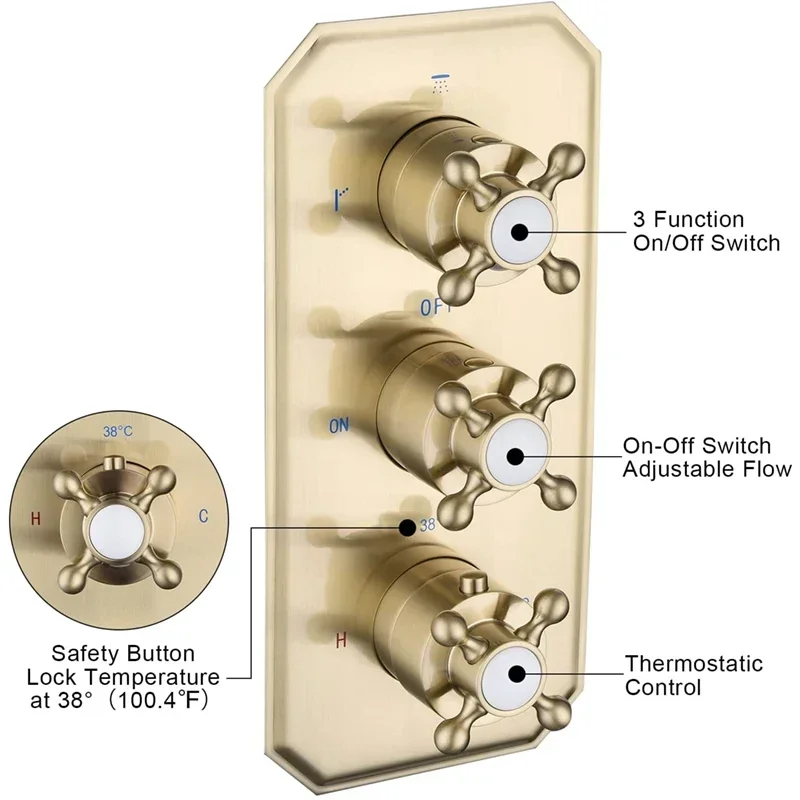 Solid Brass Brushed Gold 3 Way Thermostatic Shower Diverter Valve Concealed Shower Mixing Valve