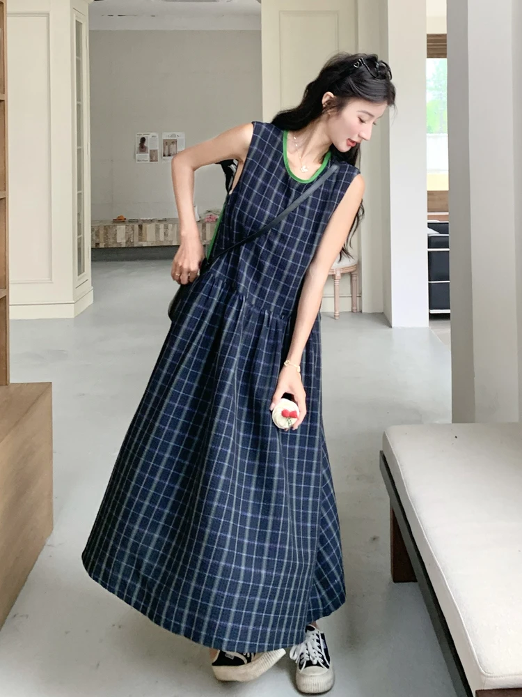 

Retro Dark Blue Plaid round Neck Sleeveless Vest Dress Summer Loose Long Holiday Strapless Dress Women Sweet Style A-Line Skirt