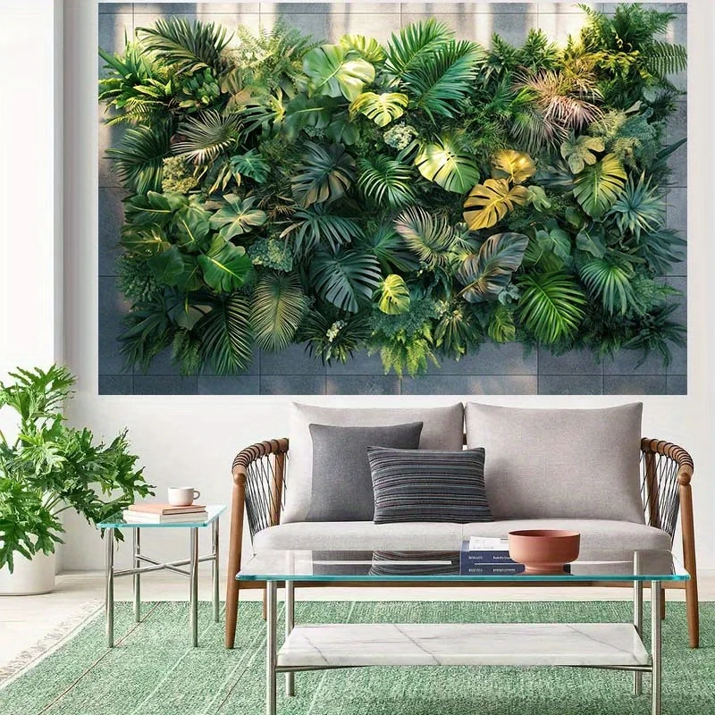 1 لافتة خلفية الغابة الاستوائية مع أوراق خضراء مميزة وتصميم أوراق حية - مناسبة لأعياد الميلاد والعطلات والحفلات