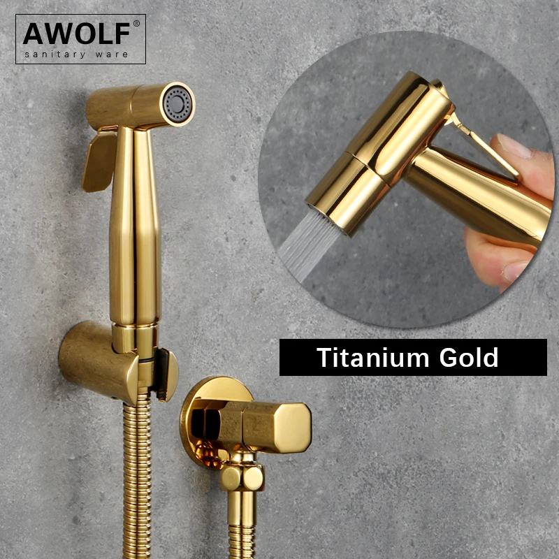 Awolf Titanium Gold Round Hygienic Shower Head Stainless Steel Toilet Bidet Sprayer Set Shattaf Shower Anal Shower System AP2103