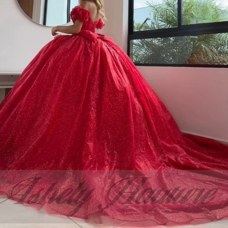 Customized Real Shinny Red Quinceanera Dresses Lace Applique Bow Ball Gown Women Prom Birthday Party Dress Sweet 15 16 Occasion