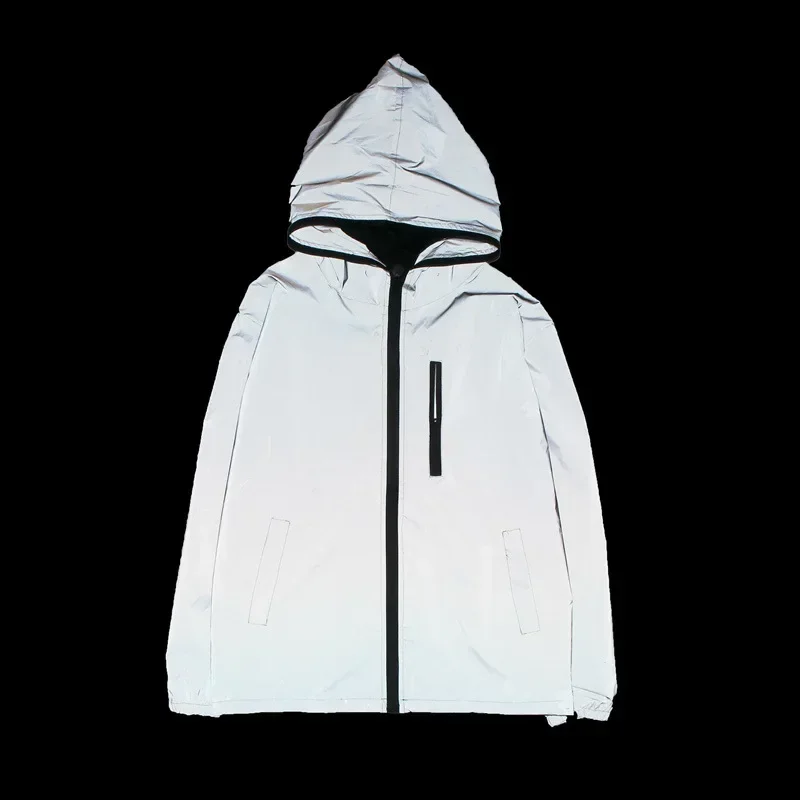 Spring Autumn Men\'s Full Reflective Windbreaker Waterproof Jacket High Street Hip Hop Baggy Hooded Coats Male Trendy Brand