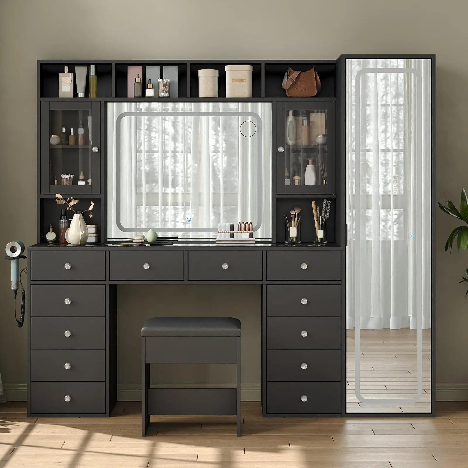 71'' Tall Vanity Desk with Body Mirror & LED Mirror, Large Makeup Vanity with Power Outlet & Hidden Cabinet, Dimmable 3